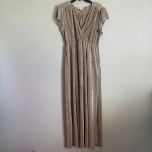 Baltic Born Gold Flutter Sleeve V-Neck Pleated Empire Waist Maxi Dress Size L